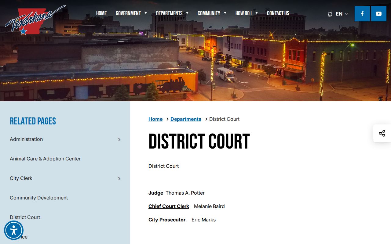 Official Texarkana District Court page for city traffic and warrant questions
