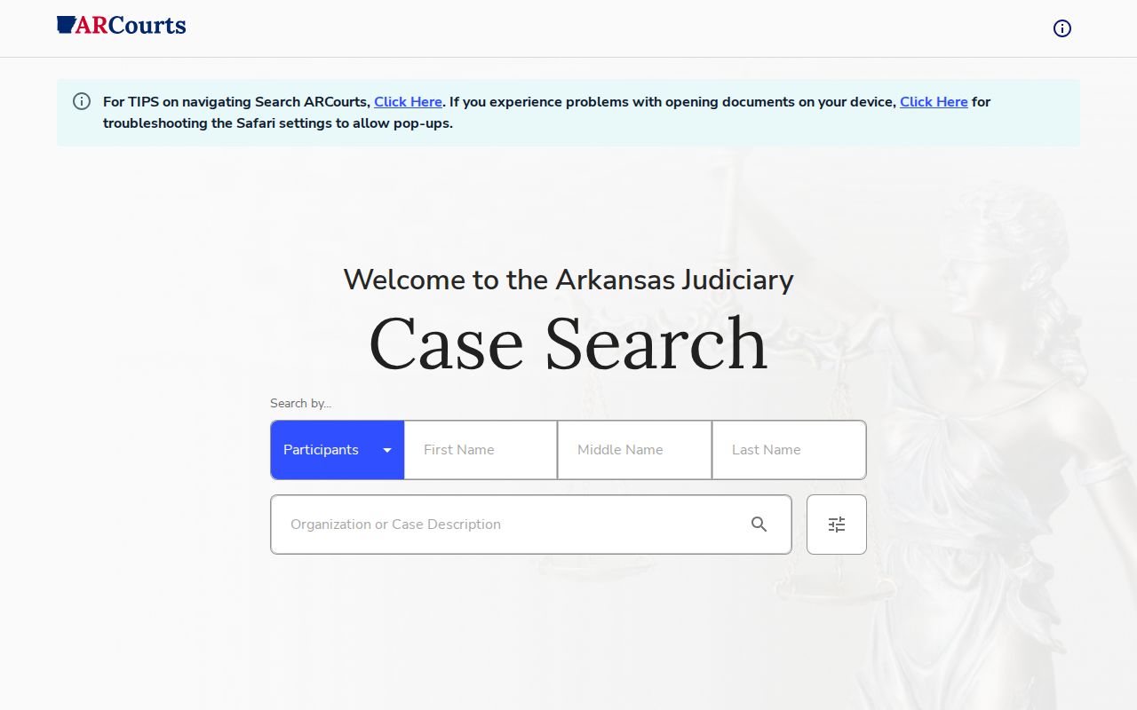 Blank Search ARCourts participant search fields for Miller County warrant research